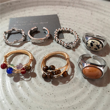 DAIIIBABYYY  -  New Fashion Vintage Brown Spotted Tiger Eye Stone Rings For Women Silver Color Irregular Round Open Ring Aesthetic Jewelry Gift